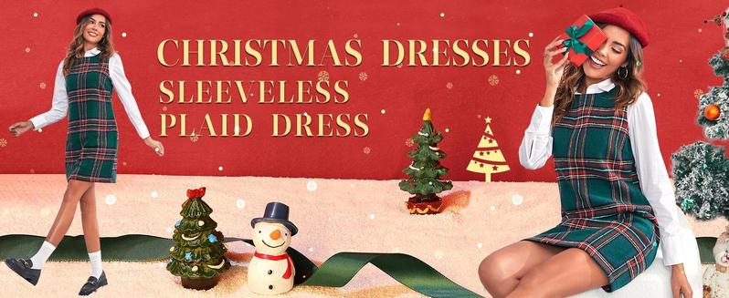 Women's Plaid Christmas Dress Mini Sleeveless Round Neck A Line Short Xmas Party Dresses