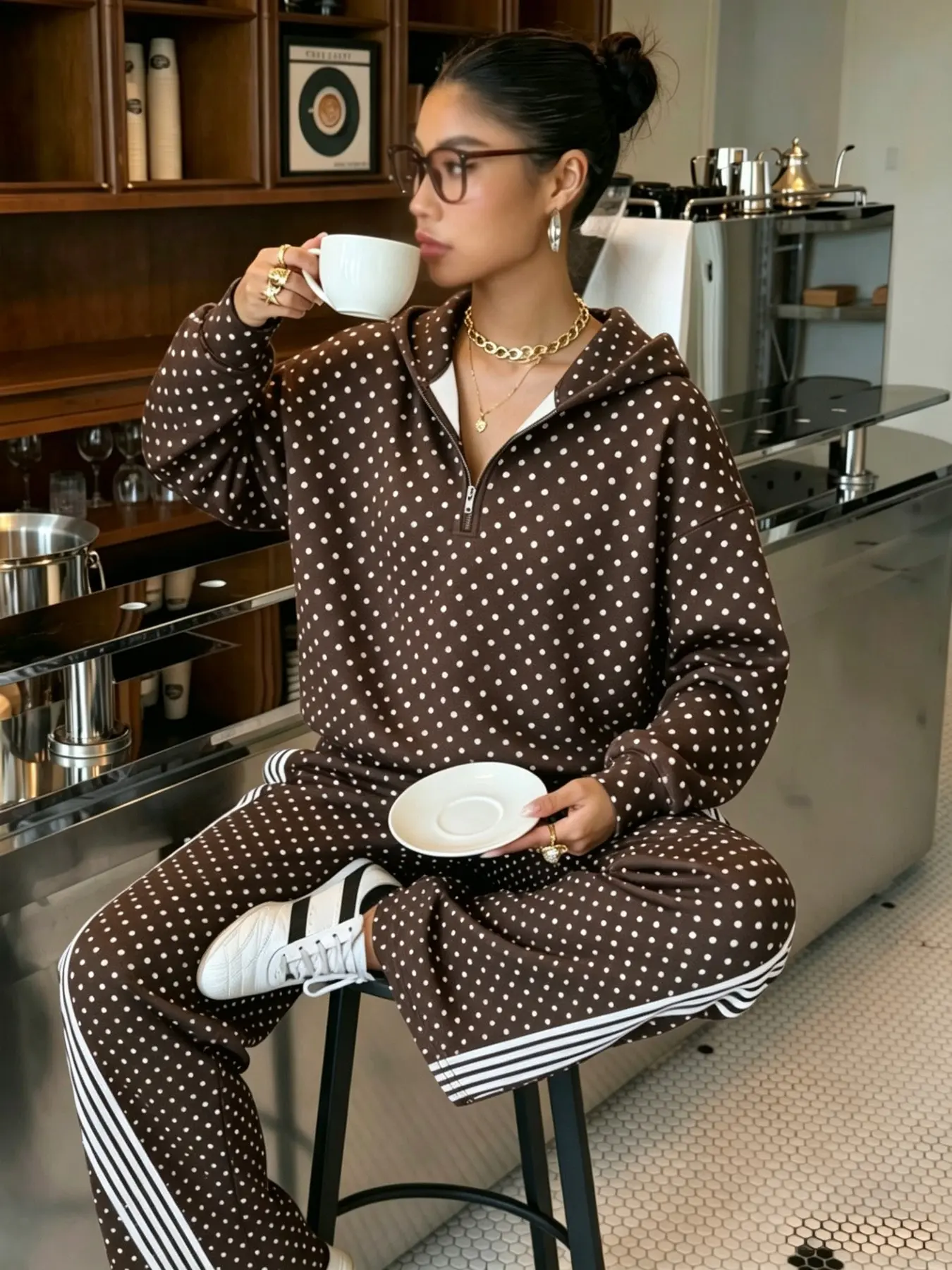 2 Piece Sets for Women, Casual Everyday Set, Polka Dot Half Zip Hoodie Sweat Outfits, Loose Drop Shoulder Hooded Top & Side Stripe Wide Leg Sweatpants, Y2K Streetwear Women's Clothes, Casual Tracksuit For Workout Daily Going-out Wear