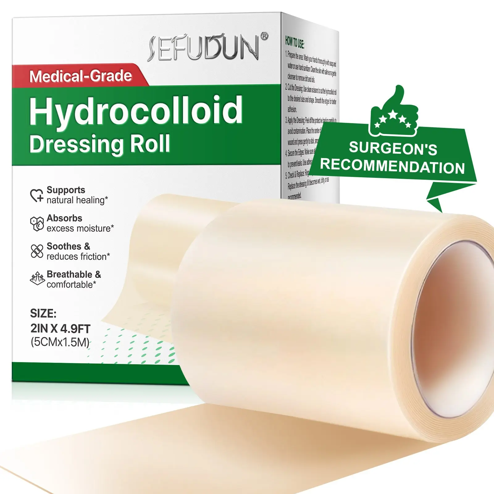 SEFUDUN Hydrocolloid Bandage 5 cm x 1.5 m: Waterproof and breathable, stays securely in place without curling or peeling off, and keeps out dust.