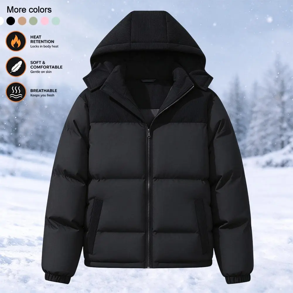 Men's Relaxed Fit Color Block Puffer Coat - Hooded, Full Zipper, Quilted Padded Body, Ribbed Texture Shoulders, Side Pockets, Ribbed Cuffs, Casual Winter Menswear Outerwear with Plain Long Sleeve Tops