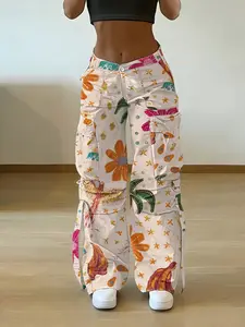 Y2K Style Cargo Pants, Casual Long Loose-Fit Jeans with Pockets, Zipper Fly Design, Spring & Fall Fashion, Printed Pattern, Womenswear