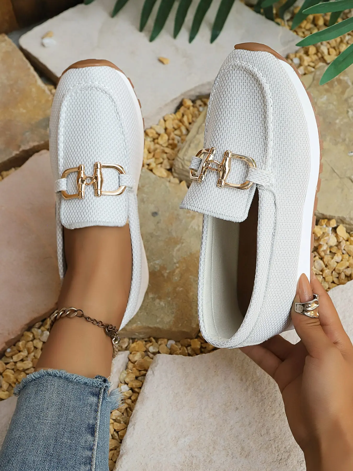 Breathable Mesh Metal Buckle Loafers, Slip-On Flat Shoes for Women, Lightweight Comfort, Casual Spring & Fall Footwear, Versatile Daily Wear