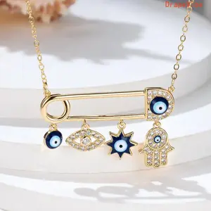Gold Plated Stainless Steel Evil Eye Hamsa Hand Safety Pin Necklace, Zircon Inlaid Layered Spiritual Jewelry For Women