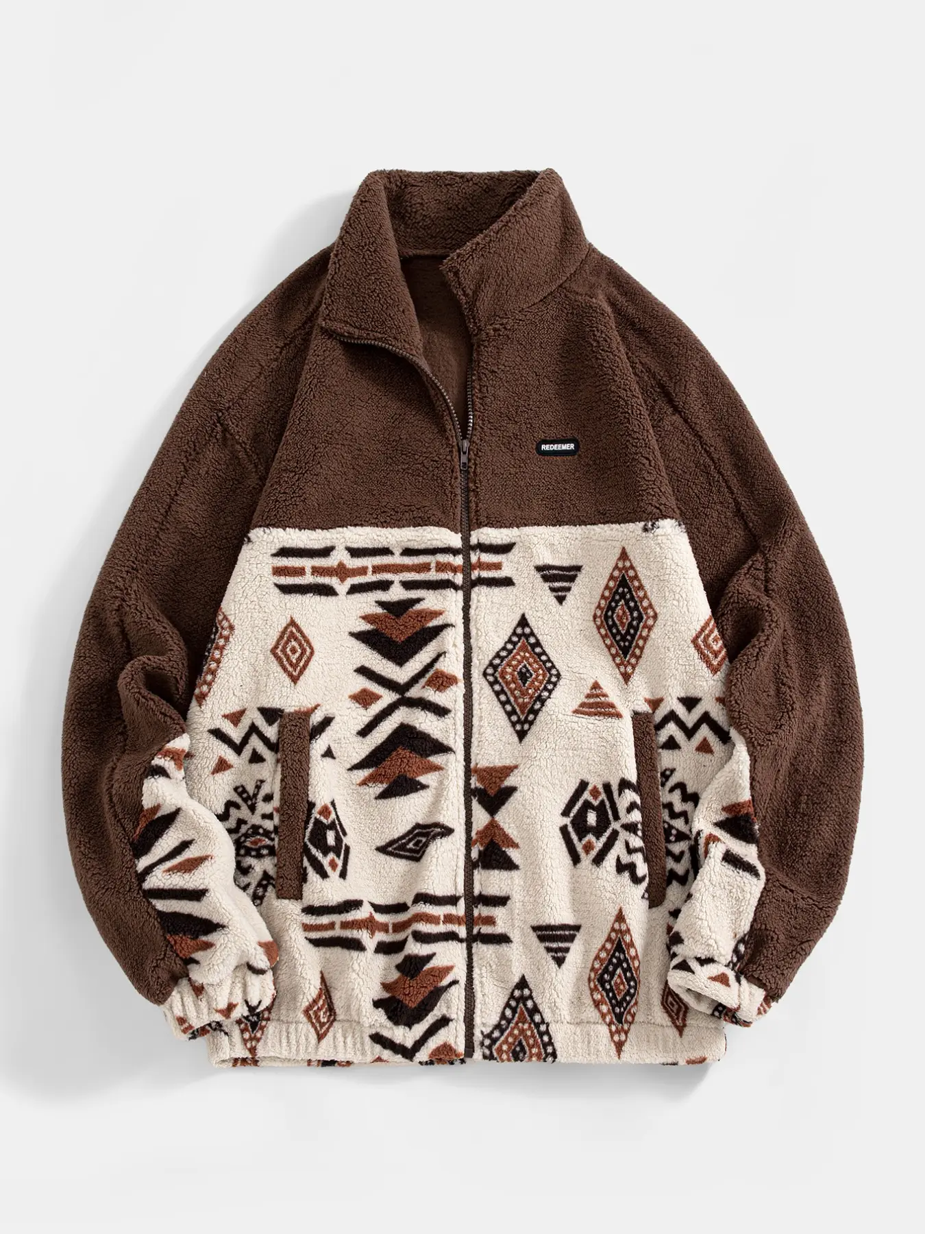 Men's Aztec Geometric Print Sherpa Fleece Jacket, Retro Western Ethnic Style, Full Zip Stand Collar, Side Pockets, Hiking, Camping, Casual Wear