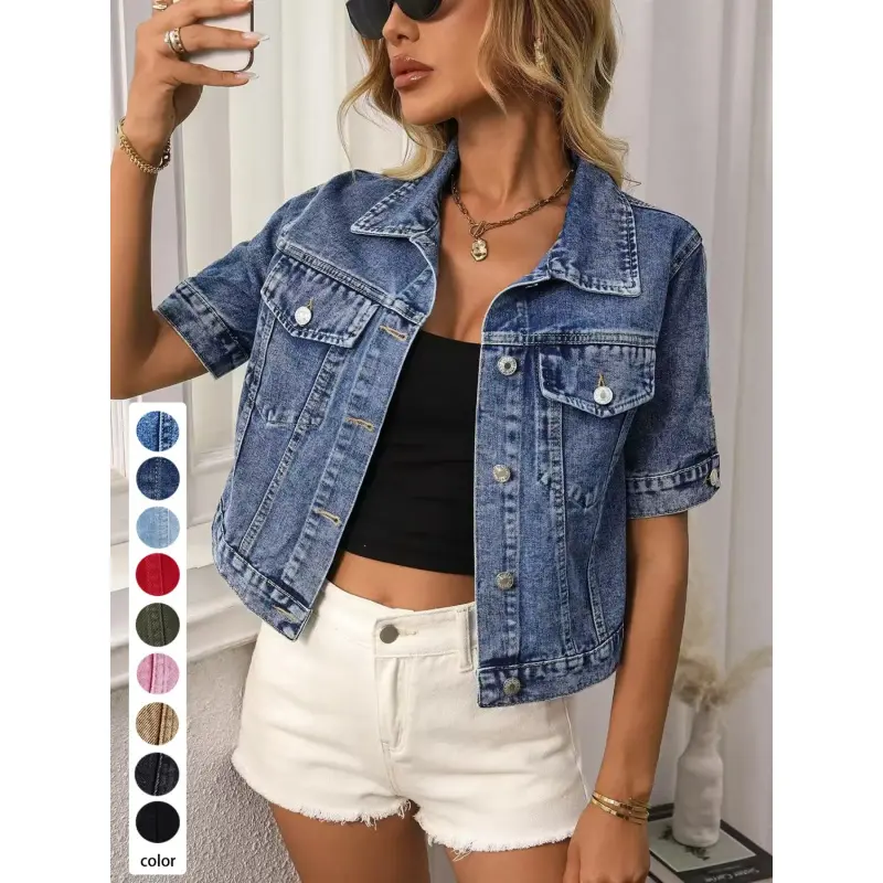 Women's Classic Short Sleeve Denim Jacket, Casual Single Button Short Denim Collar Top, Summer Outerwear, Loose-Fitting