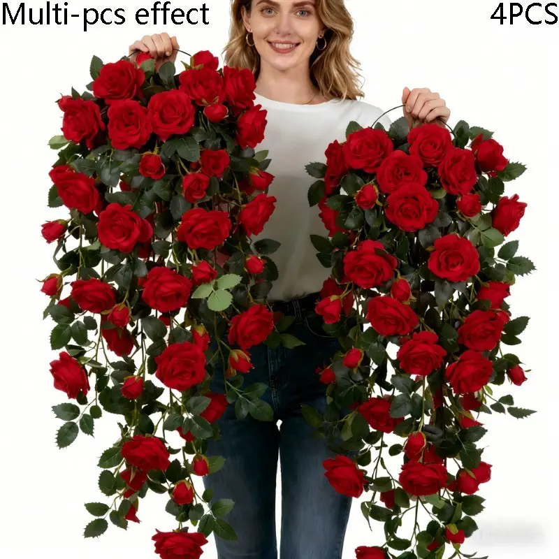 4PCS Artificial Red Rose Vine Wreaths, Artificial Flower Decorations, for Spring Floral Arrangements for Hotels And Offices, for Decorating Rooms, Parties, Weddings, And Birthday Celebrations. New Year Decorations