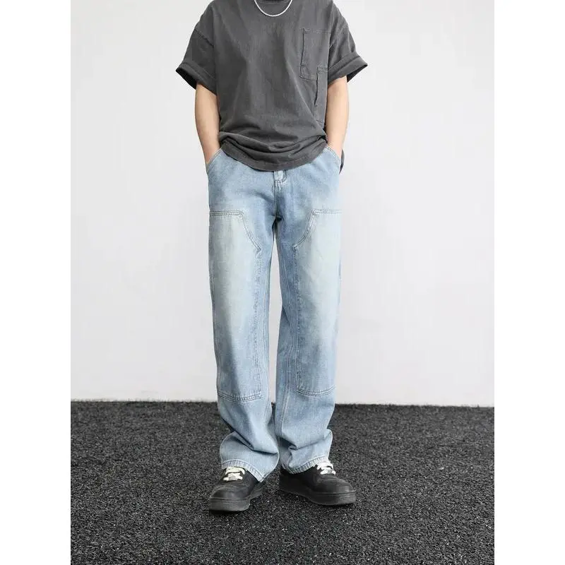 Retro American Washed Light Blue Logging Workwear Jeans Men's Street Vintage Casual Pants Low Waist Zipper Autumn