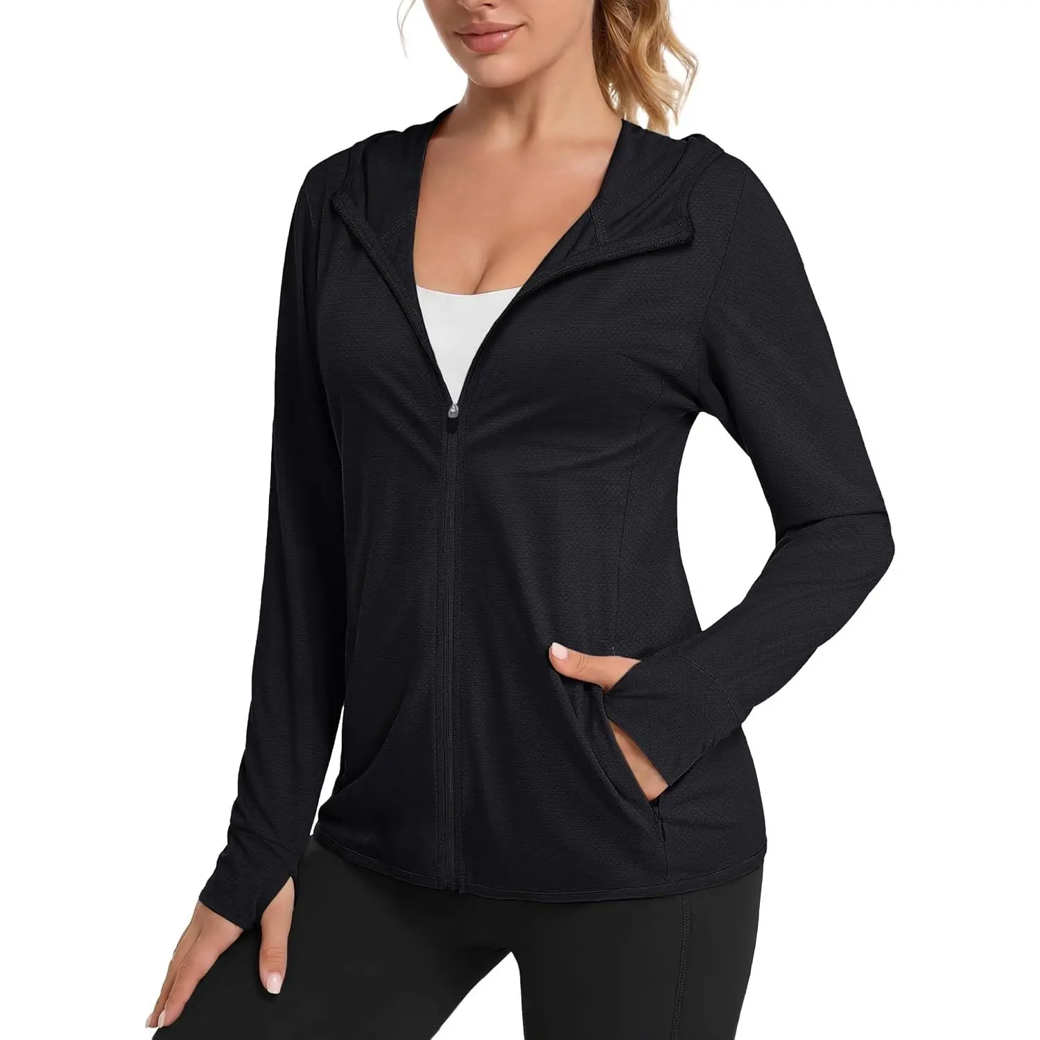 Women's Casual Polyester-Spandex UPF 50+ UV Sun Hoodie - Lightweight Zip-Up Long-Sleeve Zipper Top
