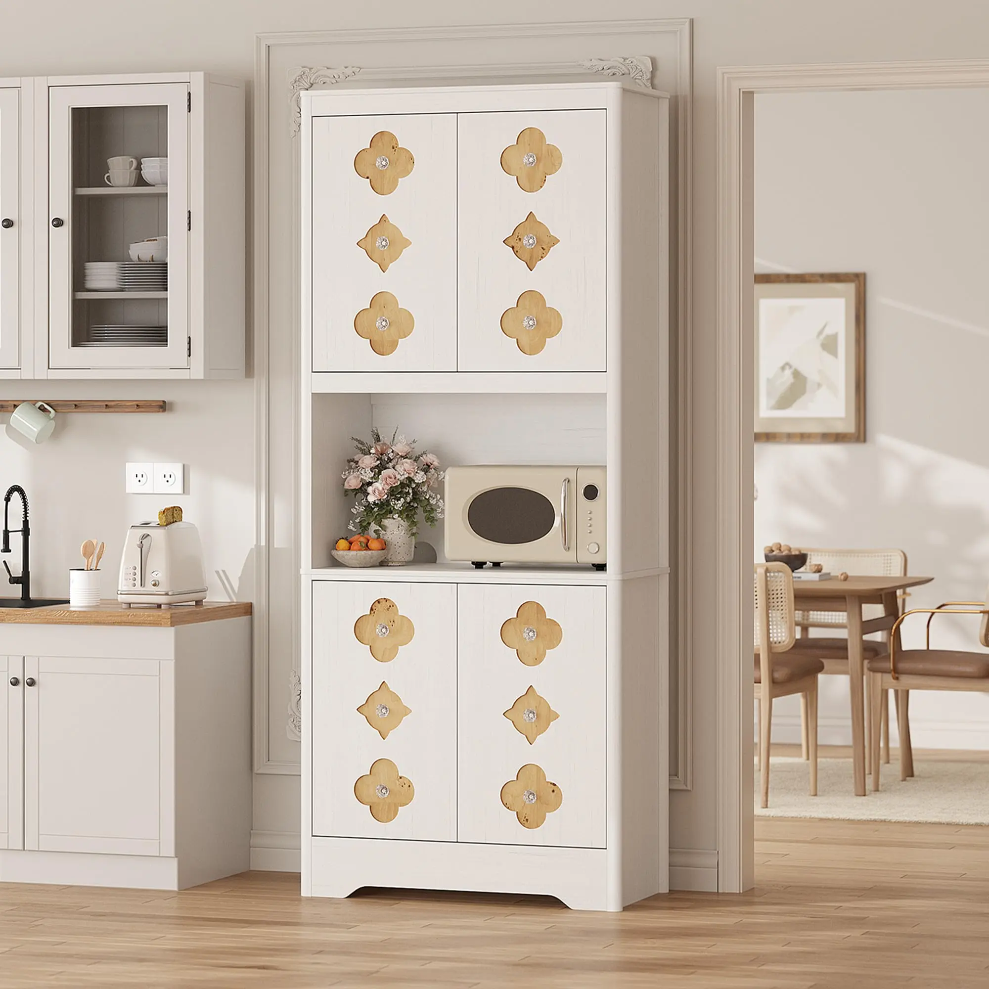 Gaomon 72" Tall Kitchen Pantry Storage Cabinet with Microwave Shelf, 30 Wide Freestanding Hutch Cabinet with Doors & Crystal Knobs, Vintage Wooden Coffee Bar Cabinet Cupboard for Dining Room