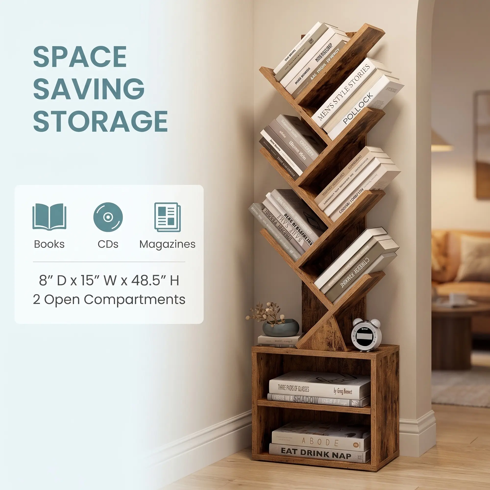 Modern Bookcase with Tree Shaped Side Panels. Crafted From High Quality MDF And Smooth Laminate. Ideal for Reading Nook, Apartment Or Study Area. Two Open Shelves Display Novels Or Plants. Floor Standing Unit Measures 8 X 15 X 48.5 Inches.