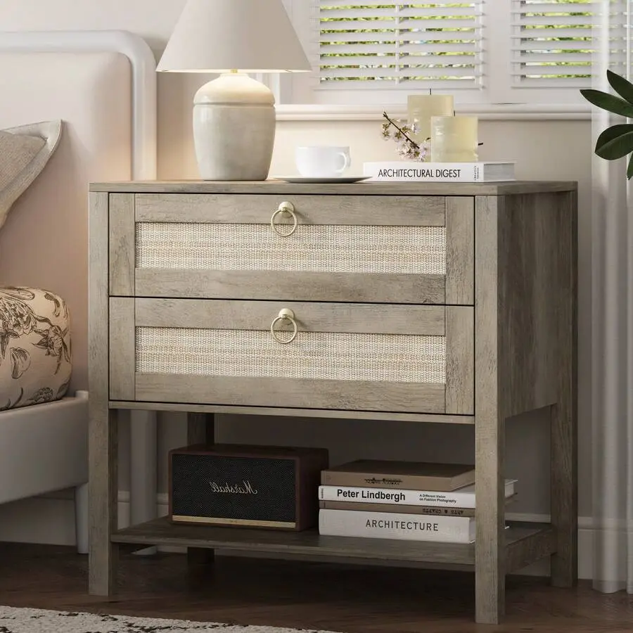 Engineered Wood Wide Nightstand - Rattan Texture Boho Decor with Drawer, Open Shelf, Large Surface, Protective Legs for Storage Organization in Bedroom, Living Room