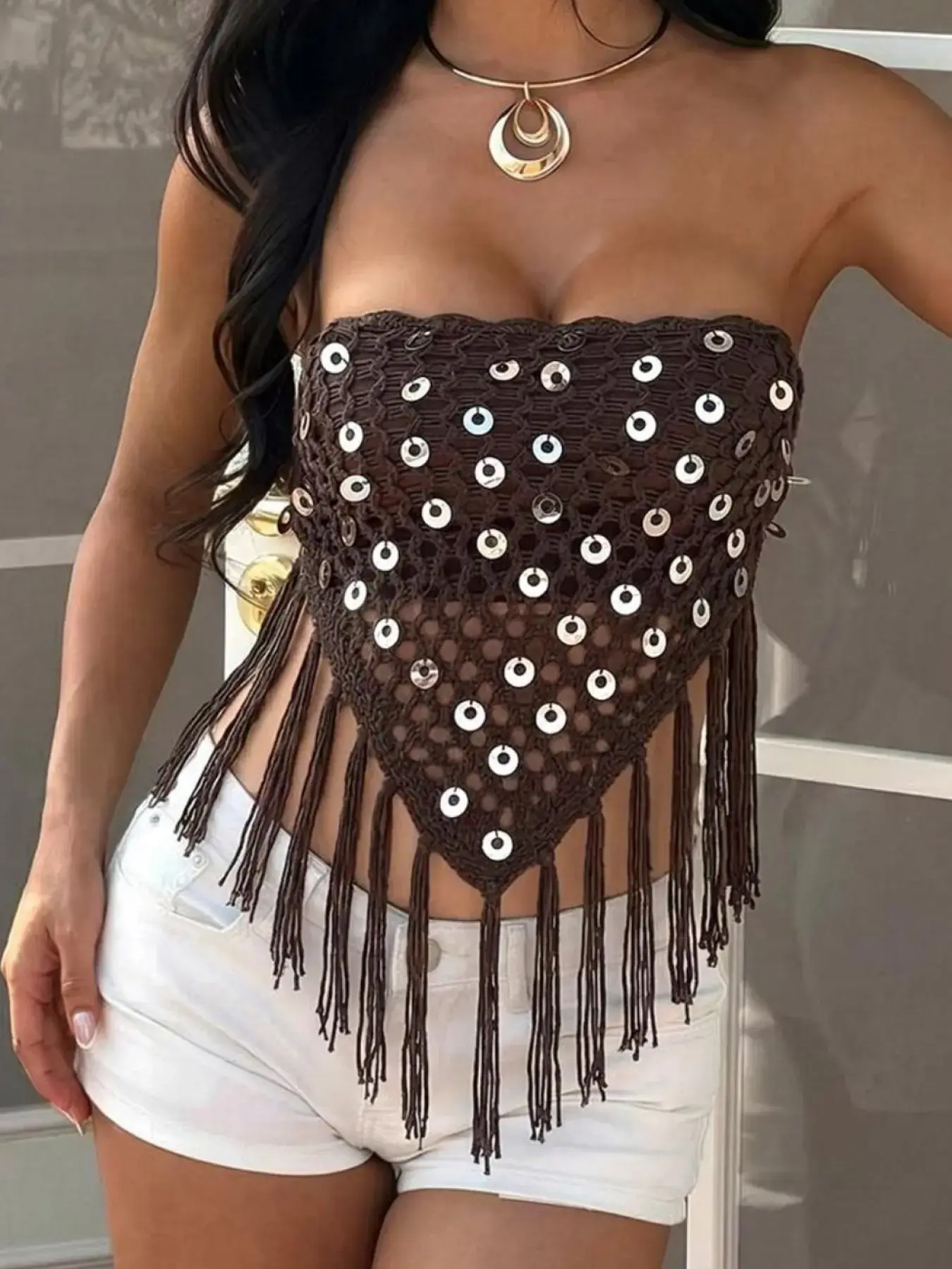 Crochet Sequin Fringe Tube Top Bandeau Cropped Tops Sexy Strapless Boho Vibe Bohemian Chic Camisole Backless Festival Crop Top Summer Beach Vacation Clubwear Y2K Streetwear Hollow Out Tassel Bustier Going Out Party Top Western Cowgirl Fashion Women Top