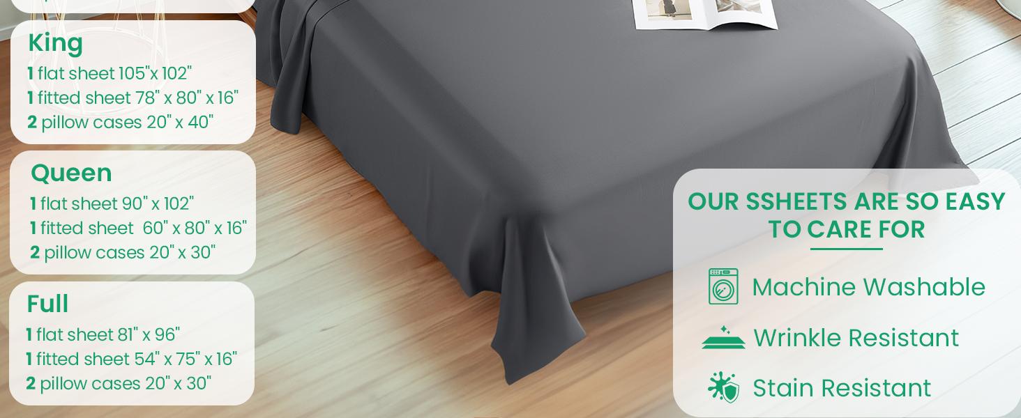 100% Viscose Derived from Bamboo_Sheets Queen Size, Breathable & Cooling Bed Sheets for Hot Sleepers, Hotel Luxury Bedding Sheets, 16" Deep - 4PC (Dark Grey,Queen)