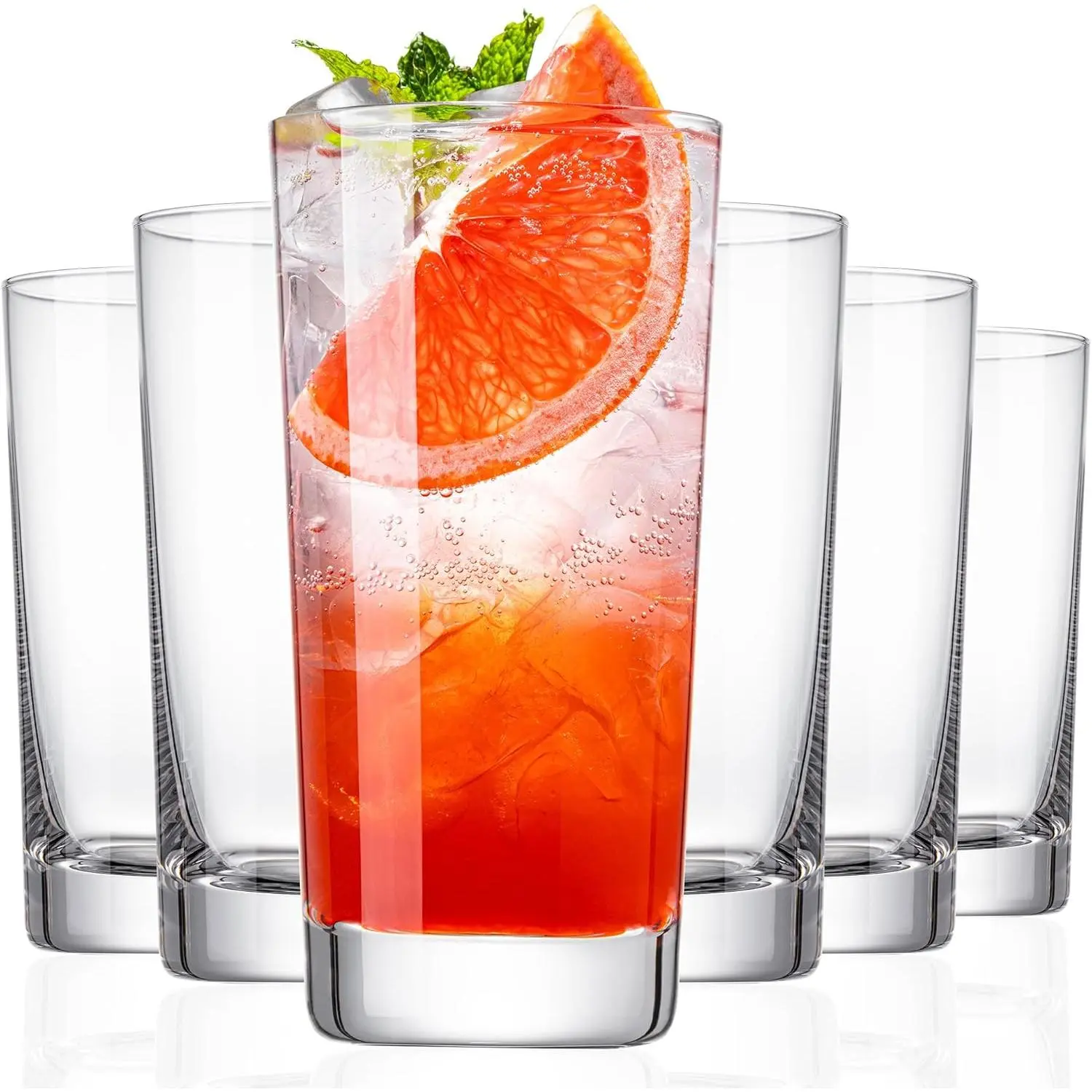 Water Glasses Set of 6, 13.5oz Highball Glass Cups with Heavy Base, Drinking Glasses for Kitchen and Dining, Tumblers for Juice, Iced Coffee, Cocktails, Dishwasher Safe