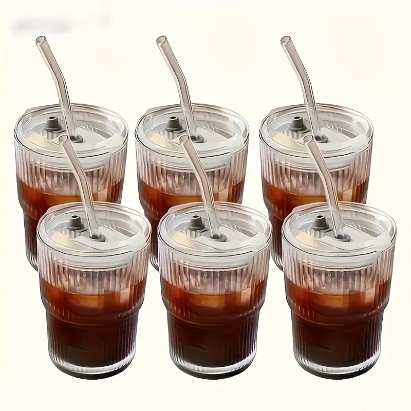 6 Pack Glass Cups with Lids and Straws Reusable Drinking Glassware Dishwasher Safe for Iced Coffee Tea Juice Water Milkshake Iced Coffee Glasses