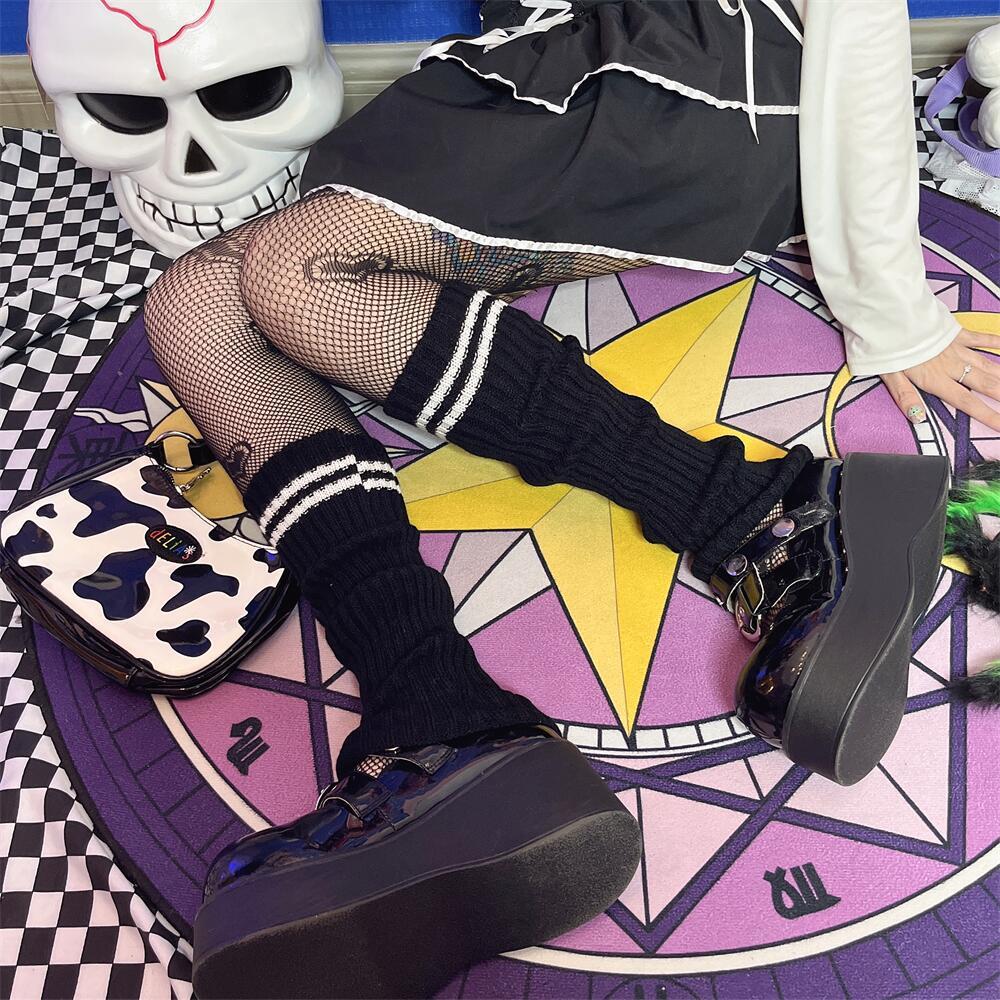 KOSAHIKI Lolita Socks Goth Striped Knit  Girl Leg Warmers Women Japanese  Harajuku Winter Boot Cuffs Legs Cover