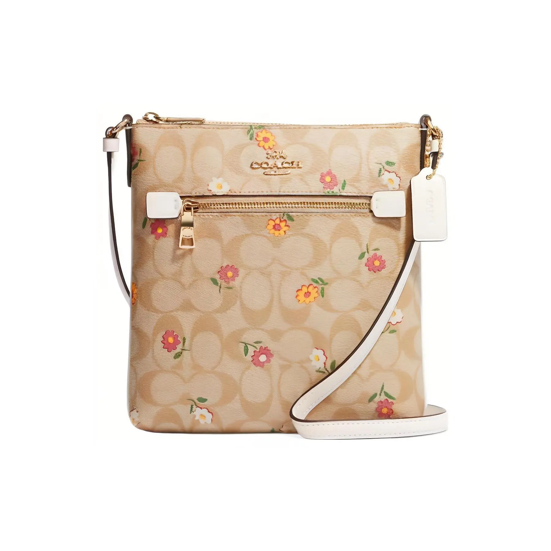 COACH Rowan 21 Crossbody Bag for Women – Daisy Embroidery, Coated Canvas and Smooth Leather, Light Khaki Monogram