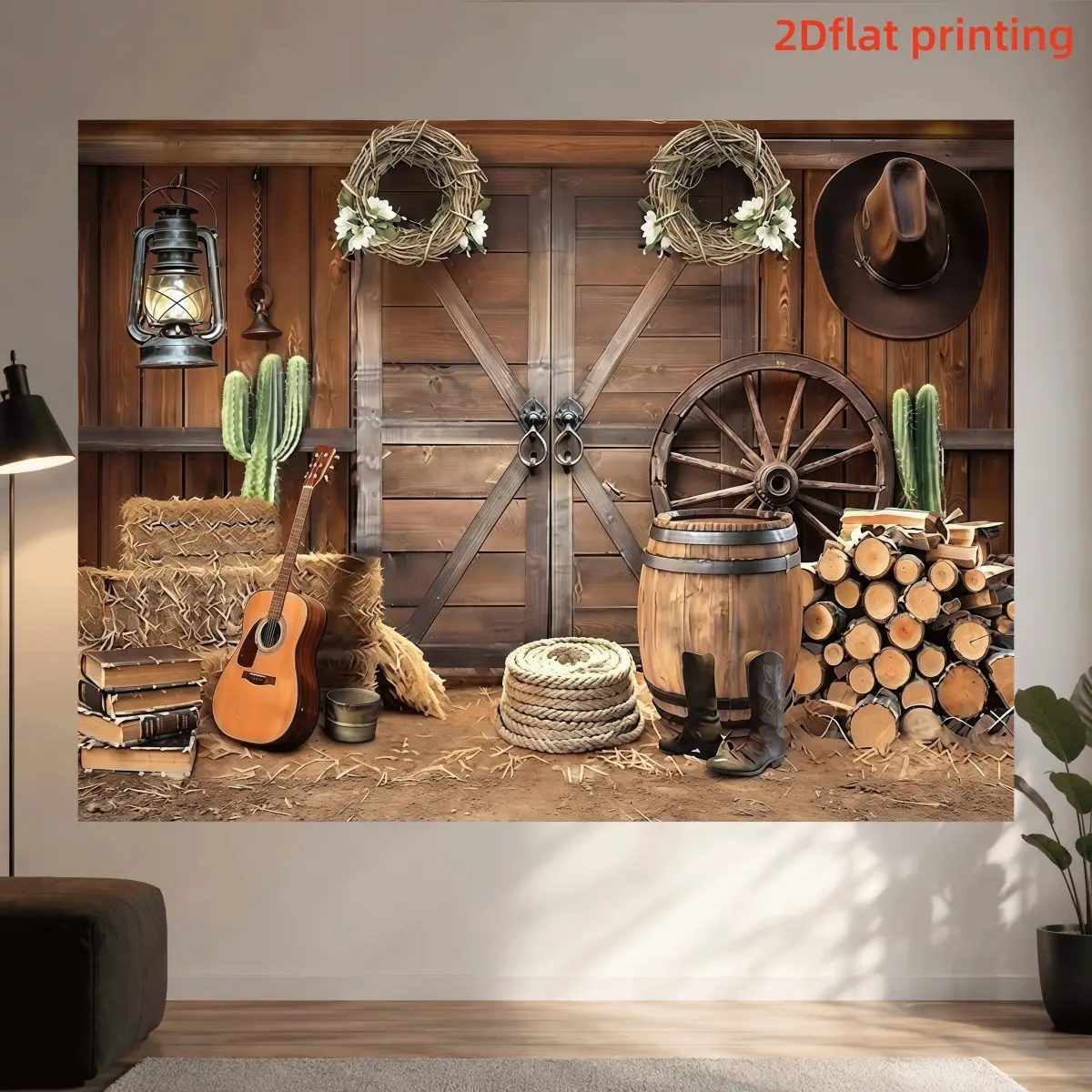 1PC 2D Flat Vintage Barn Door Guitar Hay Rural Western Style Party Backdrop, Polyester Fabric Photography Background Cloth, Suitable for Living Room Bedroom Office, Birthday Anniversary Home Decor Indoor Outdoor Party, Birthday Party Supplies