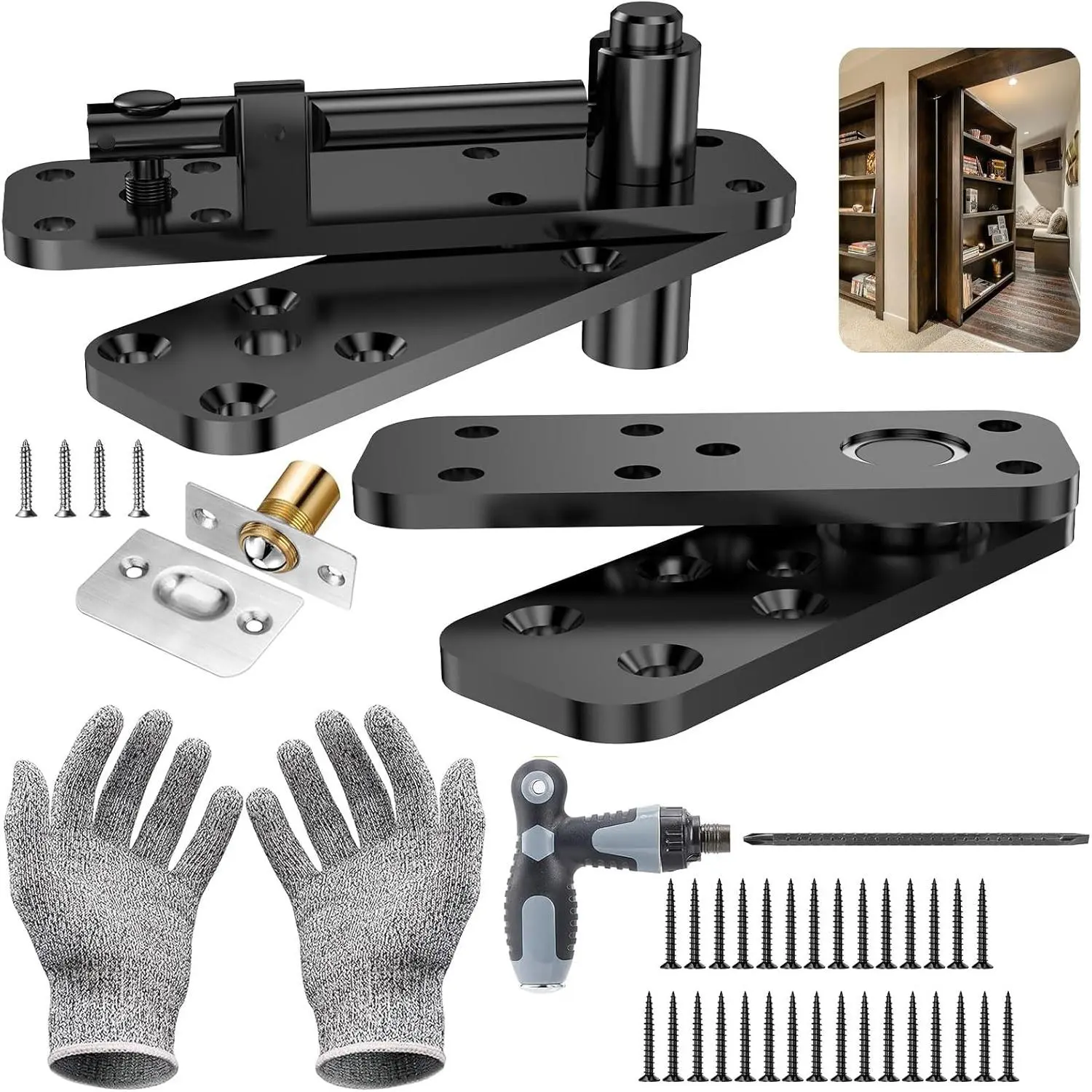 Hidden door hinge, rotating hinge, heavy-duty rotating door hardware with a load capacity of 570 pounds, suitable for hidden door bookcases, hinge kit with 360-degree rotation° Rotating invisible door hinge for hidden doors