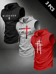 Men's 3-Piece Letter Cross Print Hooded Sleeveless T-Shirt, Casual Comfortable Hoodie Vest, Casual Workout Tops, Athleisure Clothes, Ideal for Summer Outdoor Fitness