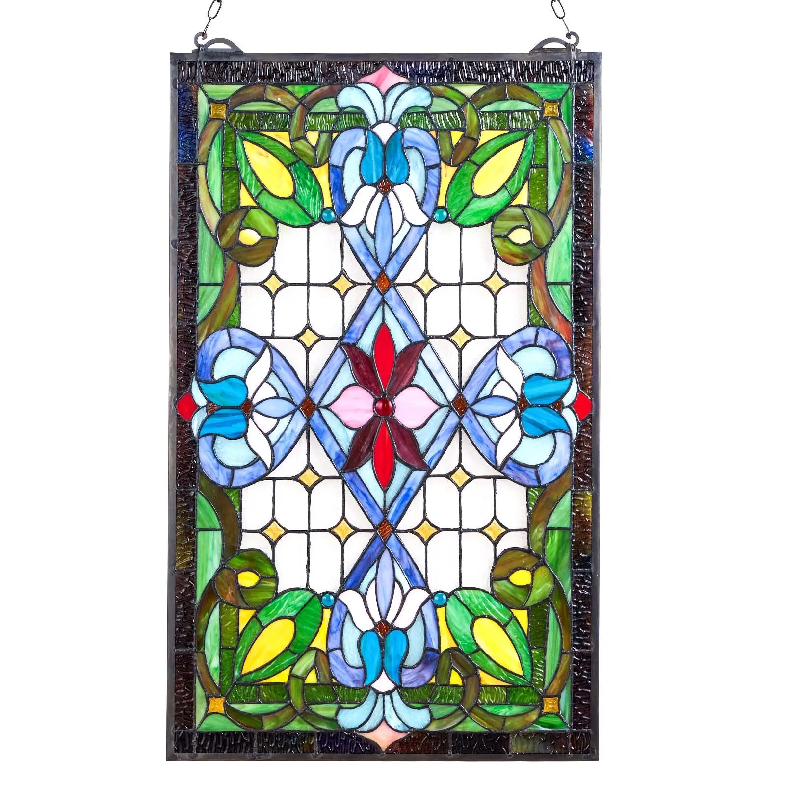 Stained Glass Window Panel, 17x 29 in, Tiffany Style Hanging Transom Window Panel with Chain, Large Vertical Rectangle Stain Glass, Vintage Traditional Art Handcrafts for Kitchen Home Decor