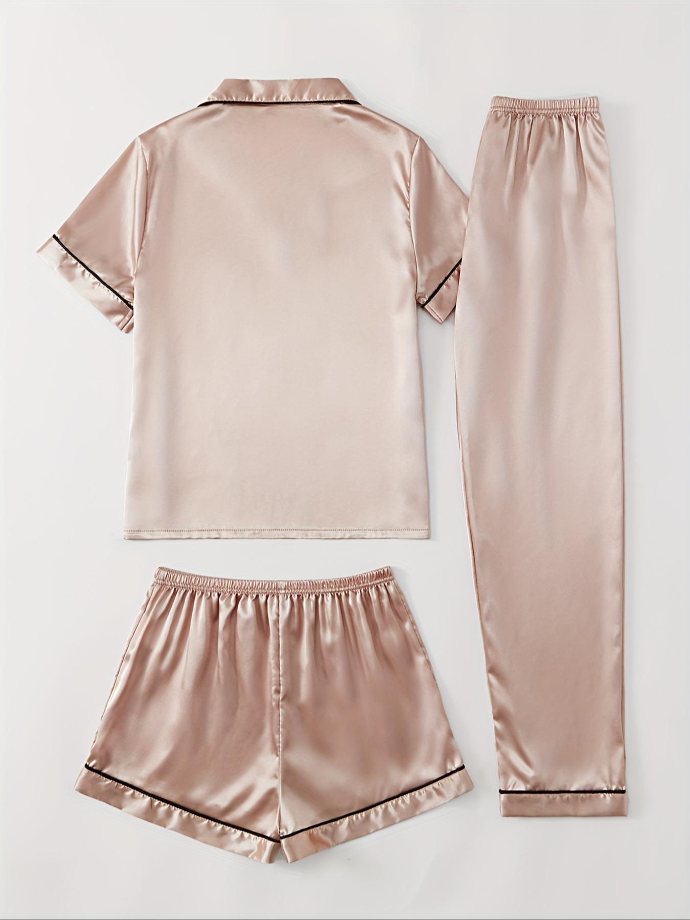 Women's 3pcs Solid Contrast Binding Lapel Collar Button Front Shirt & Elastic Waist Shorts & Pants Satin Pyjama Set, Casual Comfy Top & Shorts & Trousers PJ Set, Pajama Set, Ladies Summer Sleepwear