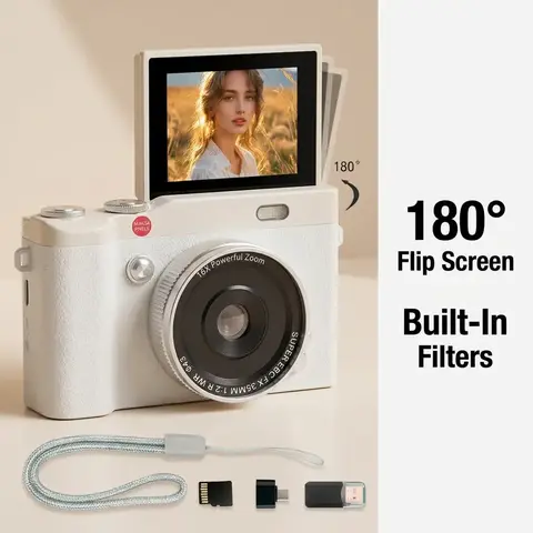 Flip Screen Portable Compact Camera for Teens, Vintage Student Camera, Pocket Camera with Memory Card, Entry-Level Beginner Digital Camera with Filters, Perfect for Back to School, Christmas & Thanksgiving