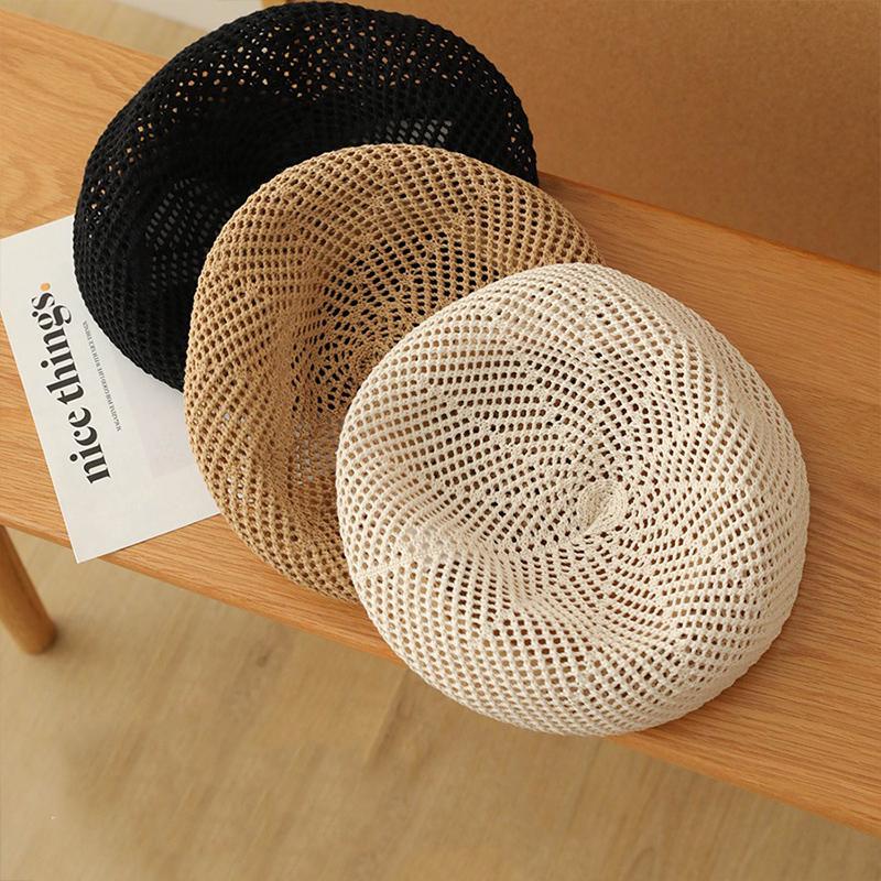 Korean Straw Woven Berets for Women Summer Thin Hollow Mesh Painter Cap Solid Color Breathable Female Lady Pumpkin Hats