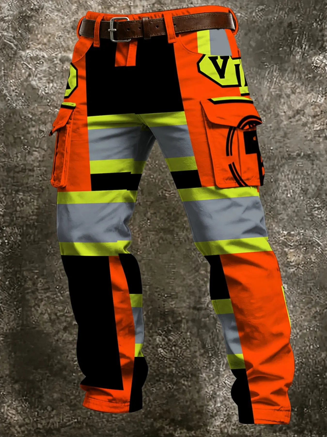 Patchwork High Visibility Full Print Cargo Pants, Emergency Rescue Workwear, Multi-Pocket Casual Long Pants
