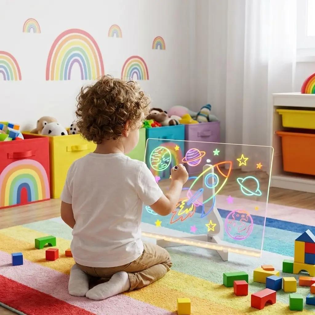 Drawing Board For Kids, Acrylic Dry Erase Light-Up Board with Stand Markers Wipes Erasable Reusable Board for Kids Learning Ideal Gift for Birthday Christmas Decorative Neon Sign Led Effects Rechargeable Led Lighted