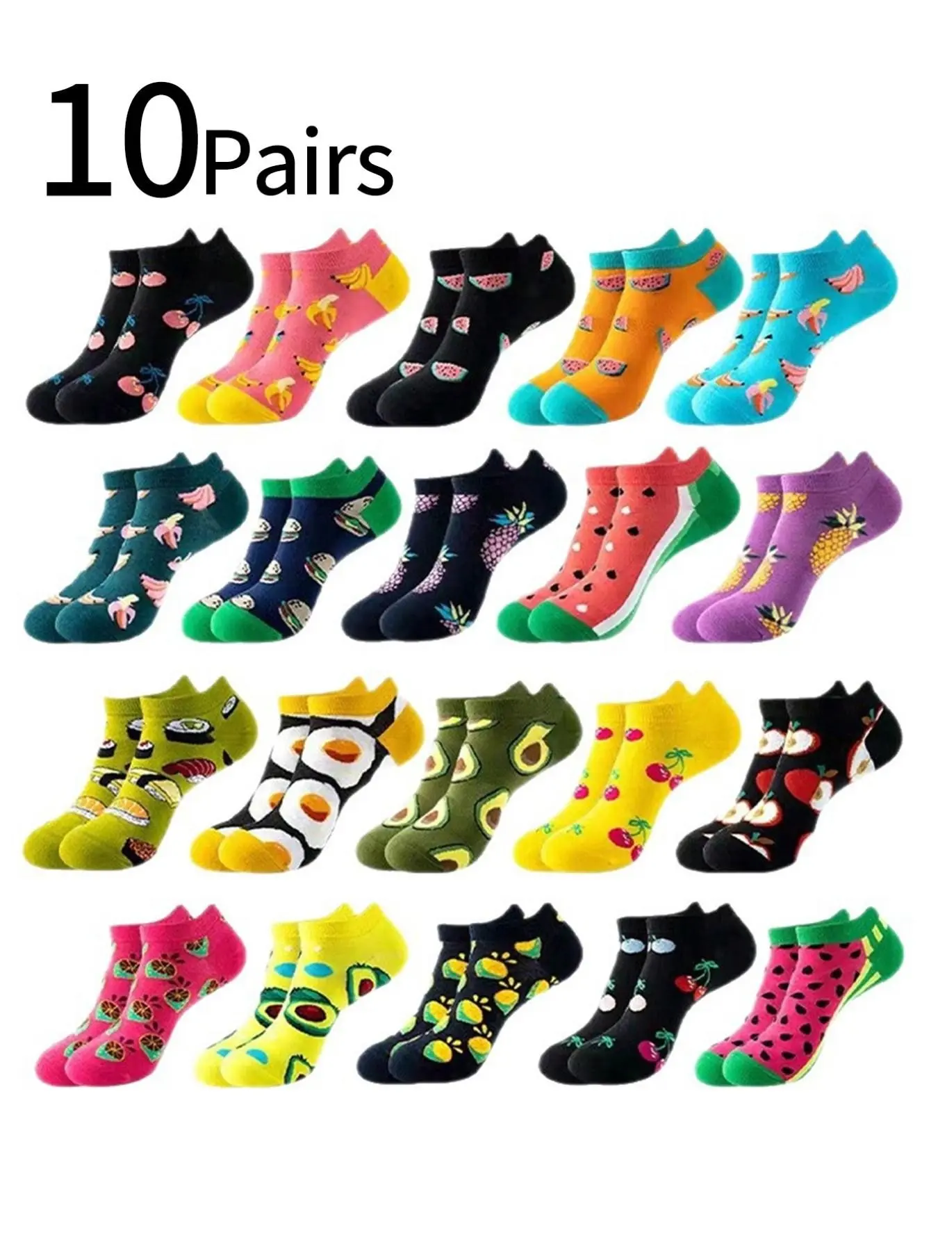 5/10 pairs.Women's Short Socks, Spring Summer New Arrival, Fruit Pattern Print, Low Top Boat Socks, Low Cut Socks, Sweat-Wicking, Breathable, Casual Daily Wear