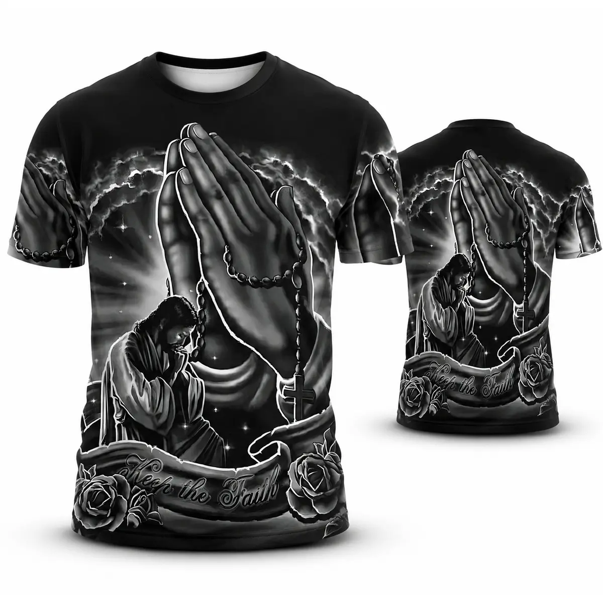 Men’s Keep the Faith Christian Graphic T-Shirt, Praying Hands Rosary Jesus and Rose Print, Black Short Sleeve Faith Shirt for Church, Daily Wear and Gifts
