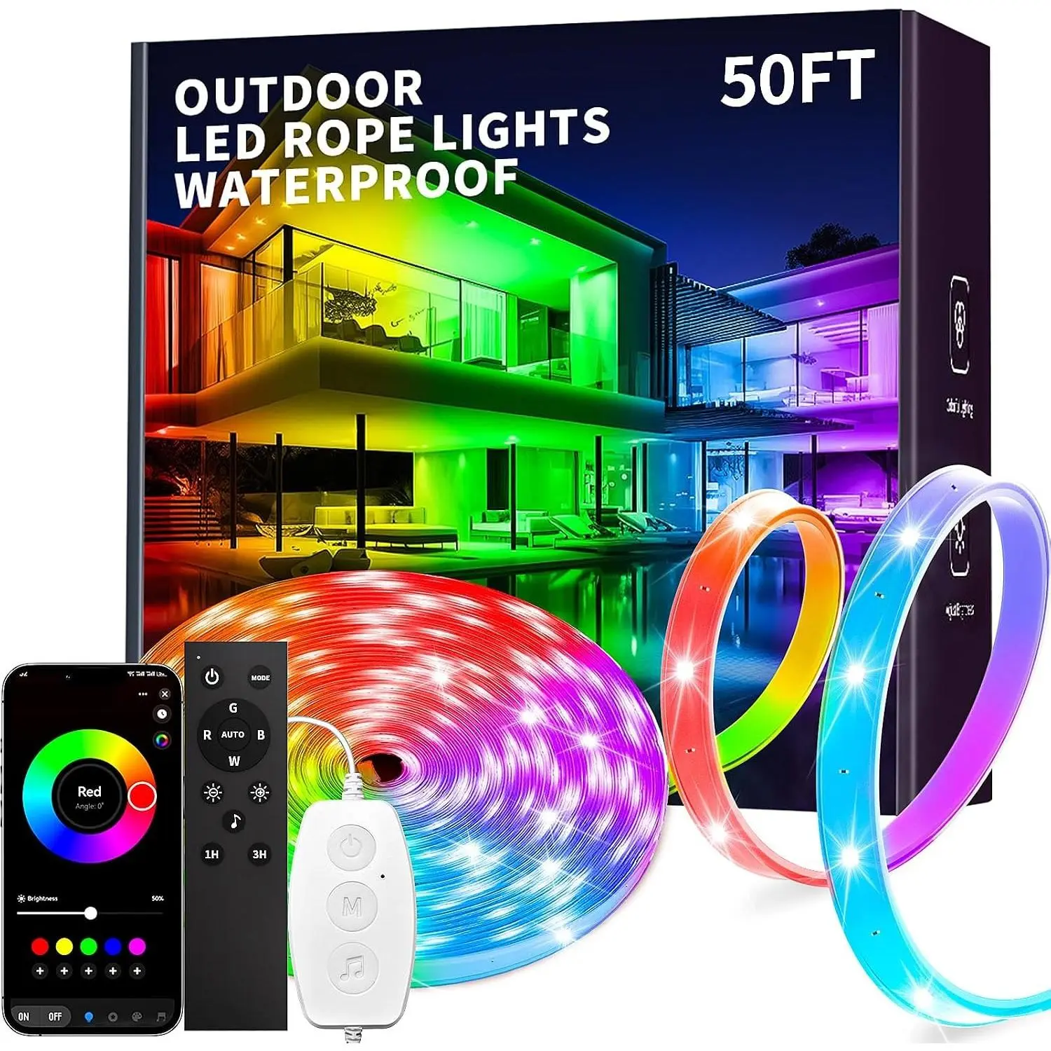 50ft Outdoor LED Strip Lights, IP68 Waterproof RGB, Button & Bluetooth App Control, Music Sync, Timer, Exterior Rope Lights for Balcony, Roof, Garden, Pool DecorGift