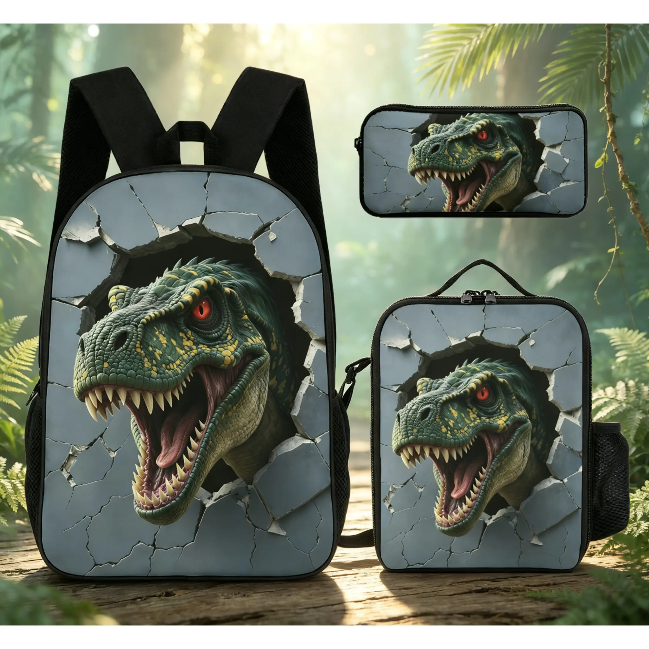 Backpacks, lunch bags and pencil cases set for the school season, dinosaur-themed schoolbag set, three-piece backpack for school use, back-to-school gift