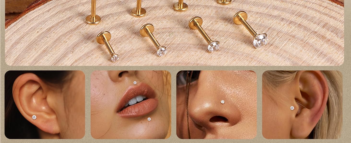 14K Gold Plated Flat Back Stud Earrings - 316L Surgical Steel Internal Thread CZ Stud Piercing Jewelry for Tragus Helix Cartilage Conch Nose Hypoallergenic Lip Monroe Labret Medusa Piercing 16G 18G 14K Gold Plated Flat Back Stud Earrings - 316L Surgical Steel Internal Thread CZ Stud Piercing Jewelry for Tragus Helix Cartilage Conch Nose Hypoallergenic Lip Monroe Labret Medusa Piercing 16G 18G