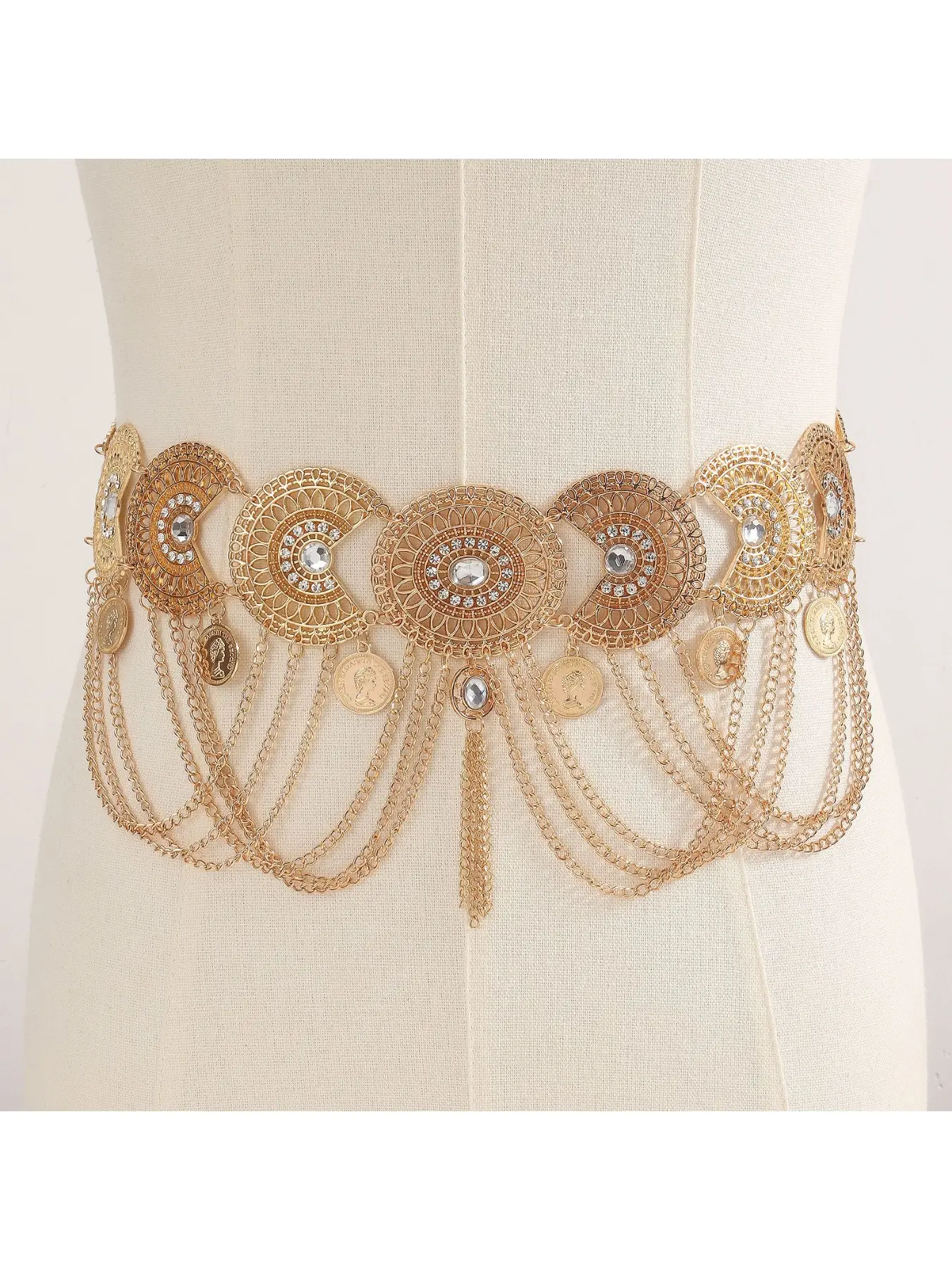 Retro Tang style Dunhuang Feitian Hanfu waist chain exotic ethnic style accessories belly dance tassel geometric coin belt Costume Waist Belt Metal Waistband