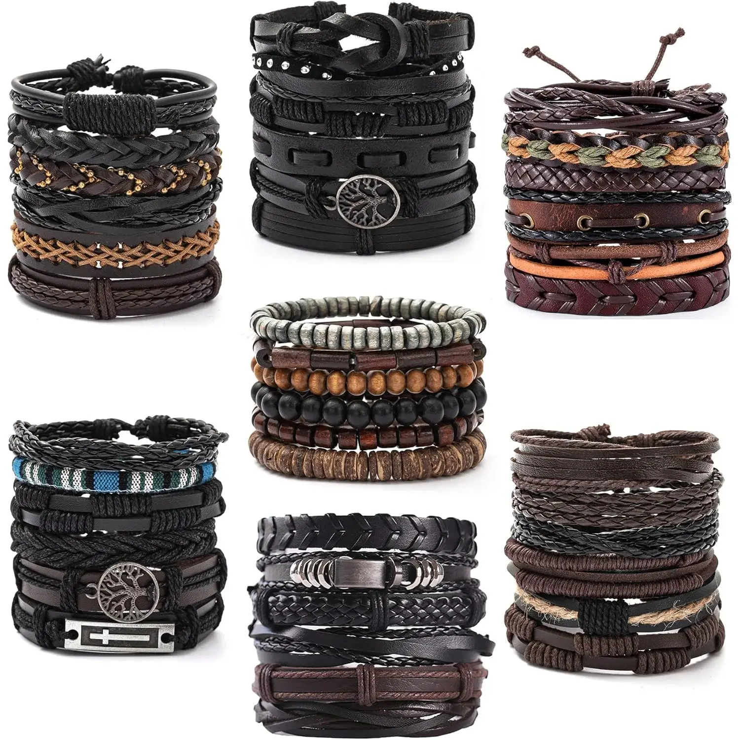 42-Piece Ethnic Braided Bracelet Set, Genuine Leather & Wood Bead Cuffs for Men Women, Handmade Adjustable Tree of Life Wristbands for Daily Wear, Adjustable Size, All Seasons, Round Cuffs, Father's Day, Thanksgiving, Dimensions, 7-8.5 Inches