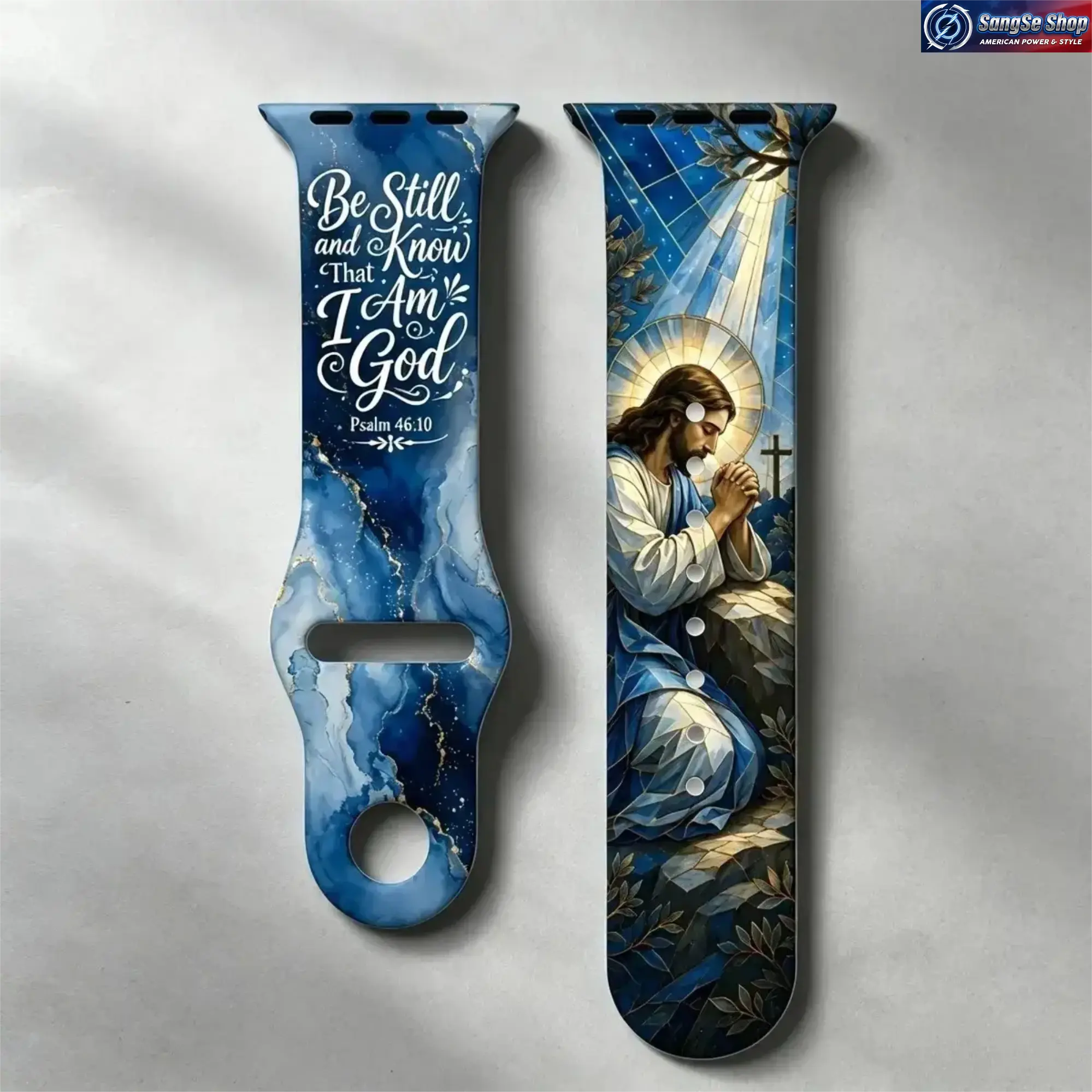 Christian Faith Silicone Watch Band Compatible with iWatch, Double-Sided Jesus & Bible Verse Strap, Stained Glass Praying Jesus, Psalm 46 Design, Soft Sport Wristband for Church, Prayer, Daily Wear, Christian Gift