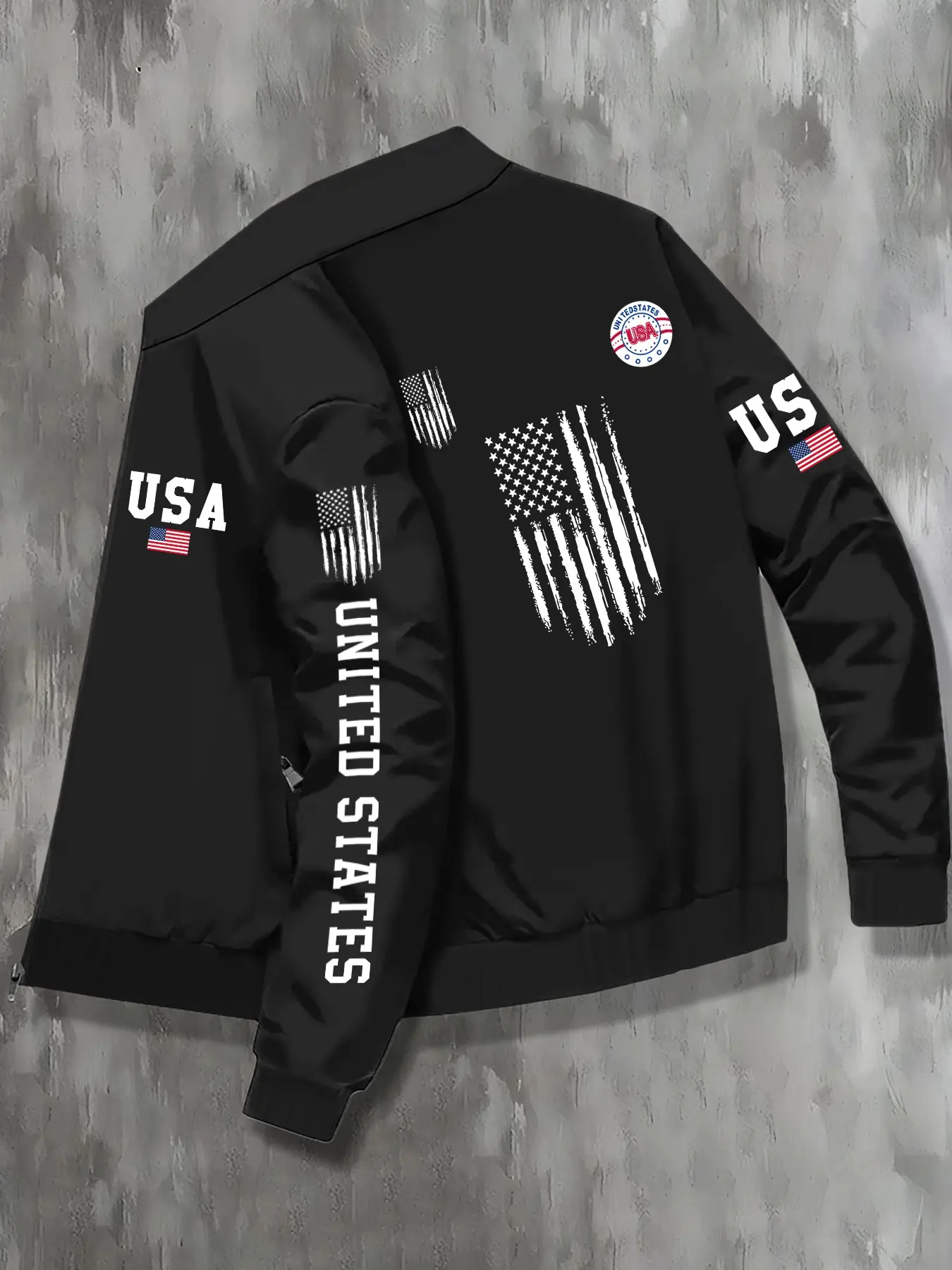 Men's Fall Winter Casual Stand Collar Letter Flag Pattern Printed Jacket, Business Outdoor Sports Coat, Zipper Closure Design