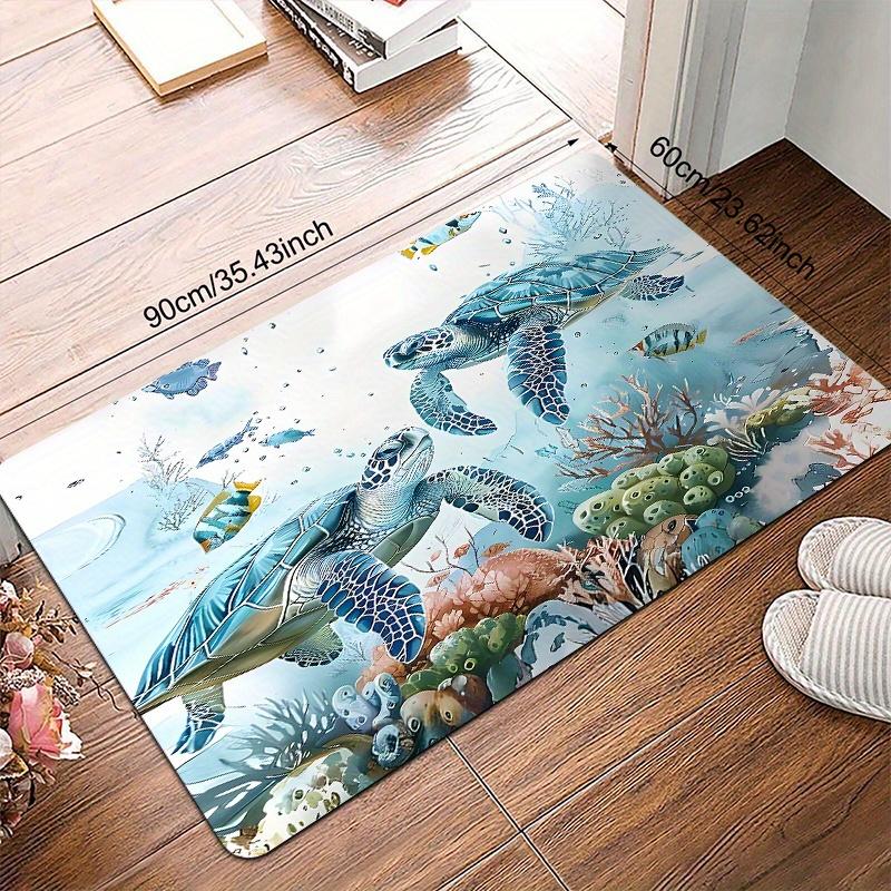 Ocean Theme Welcome Doormat with Sea Turtle & Seagrass Design Non-Slip Polyester Mat for Indoor Outdoor Use Bathroom Kitchen Laundry Room Coastal Home Décor Vibrant Pattern Easy Maintenance Sea Turtle Decor