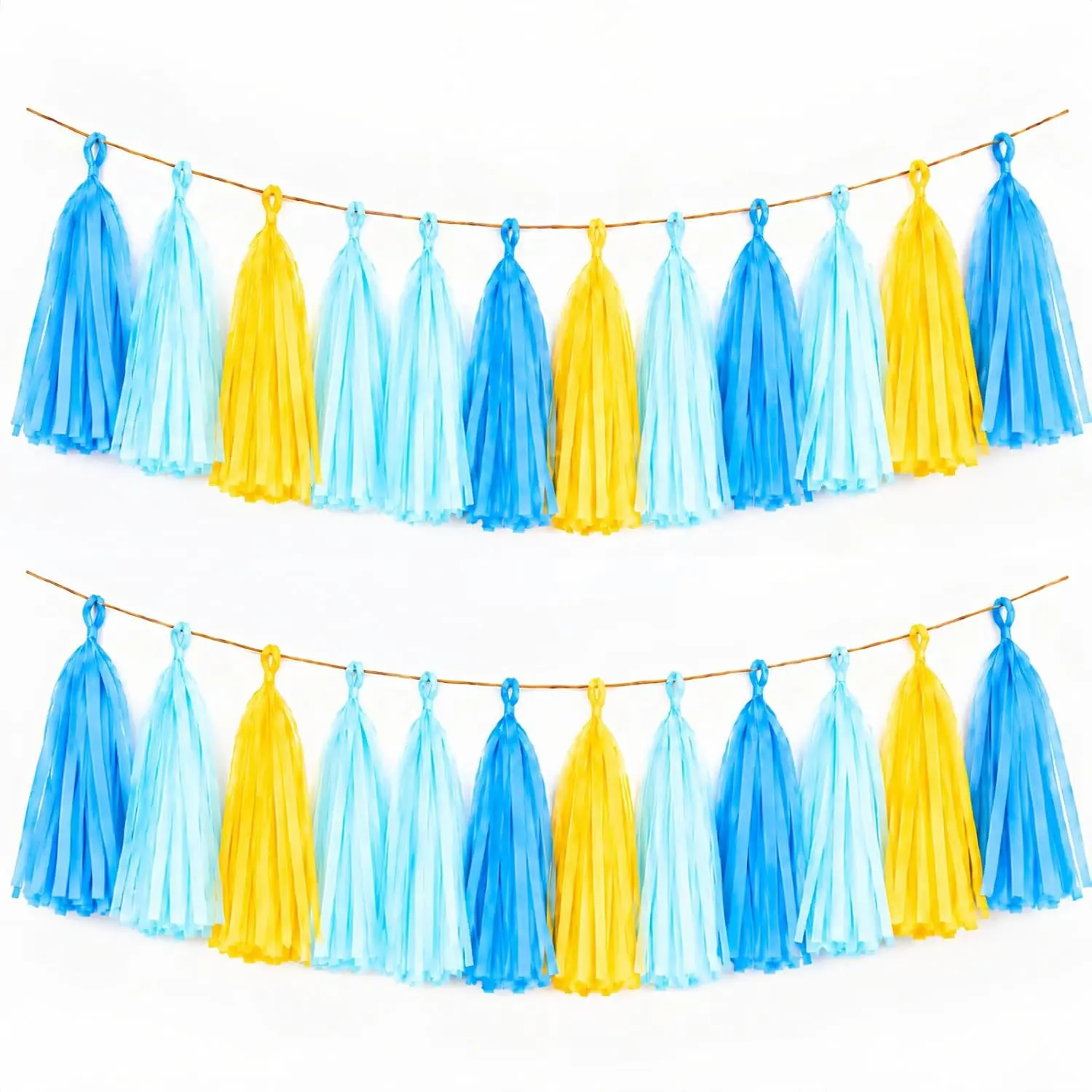 Blue Yellow Tissue Paper Tassel Garland, 15PCS Hanging Banner| DIY Streamer Decor for Shower, Birthday, Garden Tea Party, Colorful Party Garland