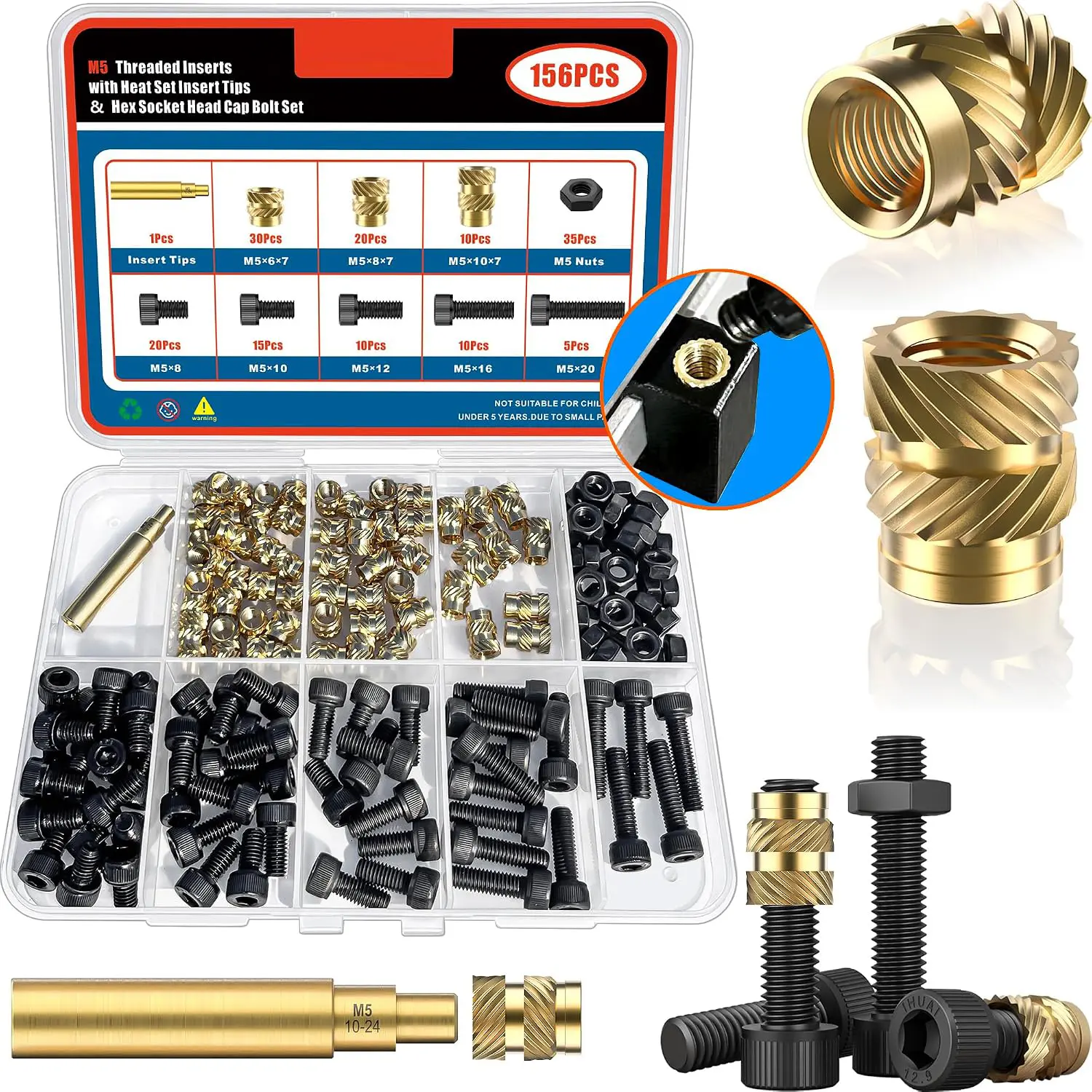 156-Piece M5 Brass Threaded Inserts Kit with Hex Socket Screws & Insert Tips, Female Knurled Nuts with M5 Threads for Plastic Parts & 3D Printing Components