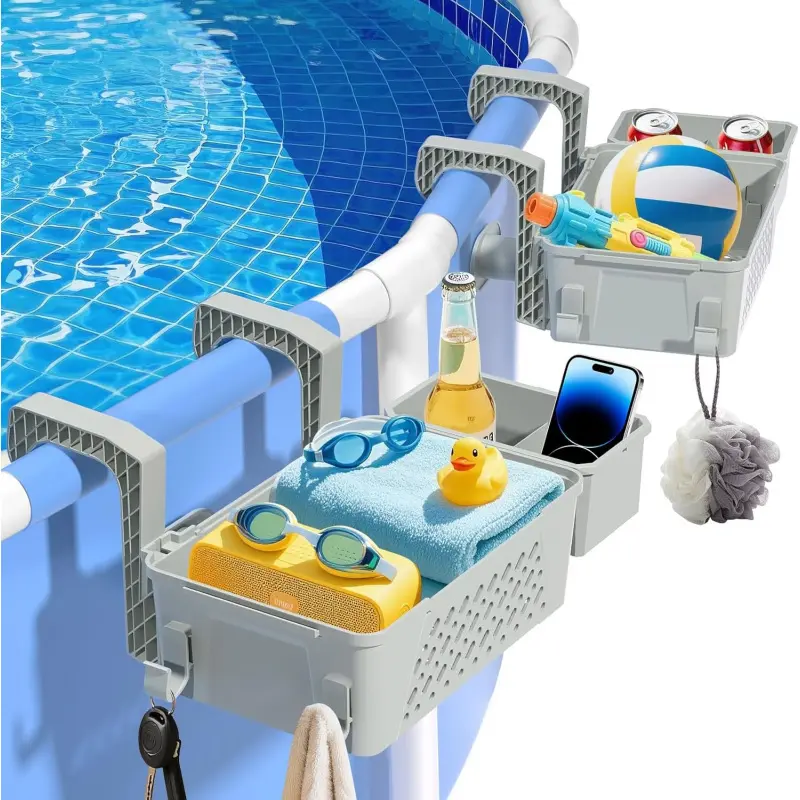 2-Pack Functional Nestable Outdoor Poolside Storage Baskets with Cup Holder, 3-in-1 Hanging Organizer for Towels, Drinks, Sunscreen & Above Ground Pool Accessories, Organize