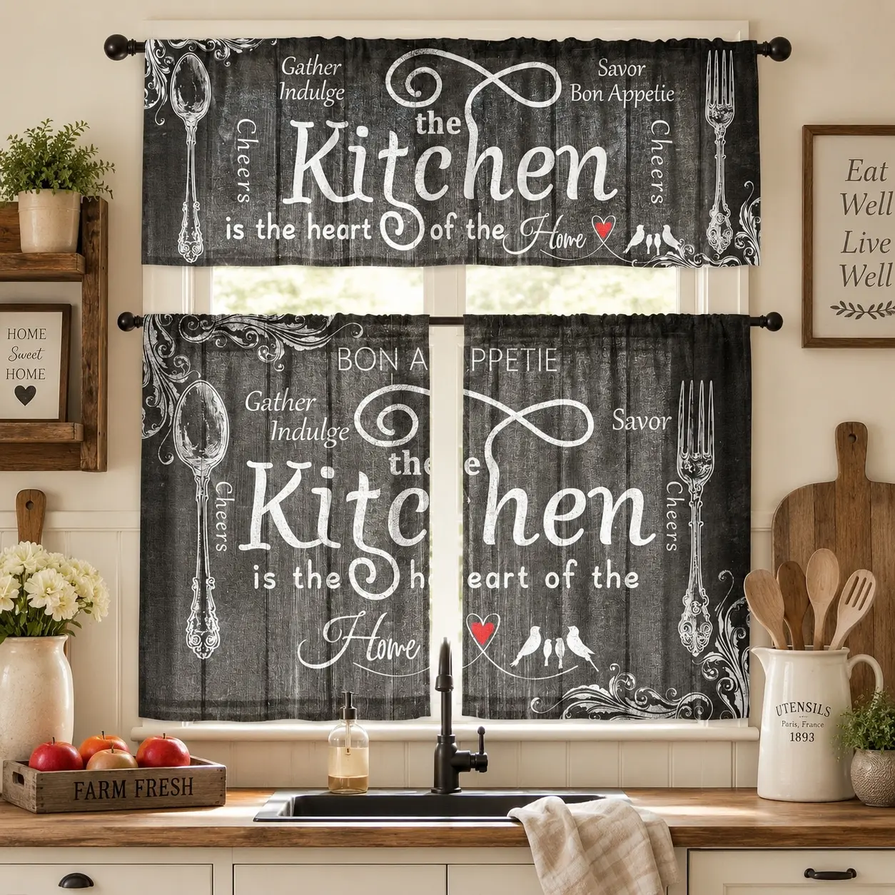 SoftHaven 3-Piece Farmhouse Curtain Valance Set, Premium Wrinkle-Resistant Durable Polyester Rod Pocket Short Tiers with Rustic Fork & Spoon Print, Semi-Sheer Ready-Made Indoor Kitchen Drapes, Machine Washable, Farmhouse Curtains