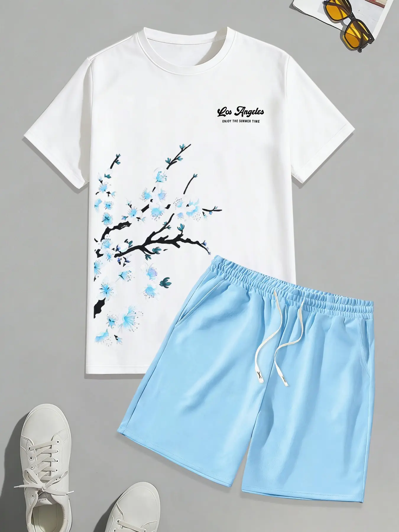 Men's 2-Piece Set Outfit, Menswear Letter & Floral Graphic Print Round Neck T-Shirt + Outdoor Sports Drawstring Shorts, Summer Casual Wear
