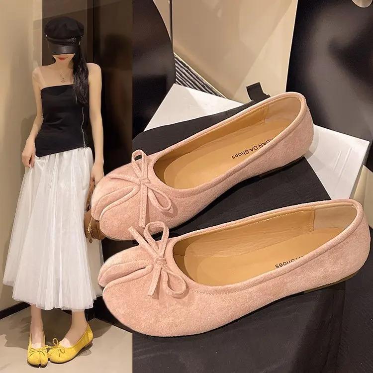 2026 New Pig Hoof Shoes, Cowhide Split Toe Shoes, Women's Summer Flat Bottom Shallow Mouth Single Shoes, Ballet Horseshoe Shoes, Axigo Same Style, One Step Stepping