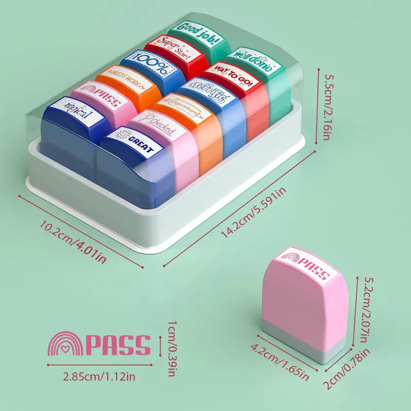 Colorful Stamp Set, 12pcs/set Self-inking Stamp with Storage Tray Organized, Teacher Grading Stamp, Encouragement Stamp, Teachers Tool for Home School Office Classroom Use Mark Student Work Positive Reinforcement, Checked, Way to go, Well Done