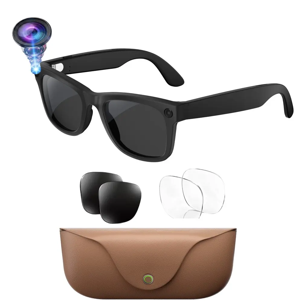AI Smart Glasses with Camera,8MP Camera, Leather 2000Mah Charging Case, 2GB Memory,Hands-free Video Recording, TR90 Frame, 300Mah Battery, IP65 Waterproof, AI Translation (26 Languages), Bluetooth Call, Music Playback