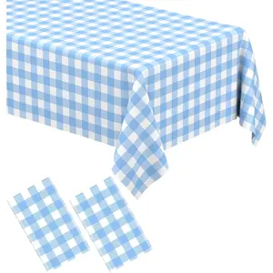 2 Pack 54×108 Inch Rectangular Disposable Plastic Table Covers, Light Blue Gingham White Checkered Tablecloths for Parties Outdoor Picnic Birthday Wedding Camping