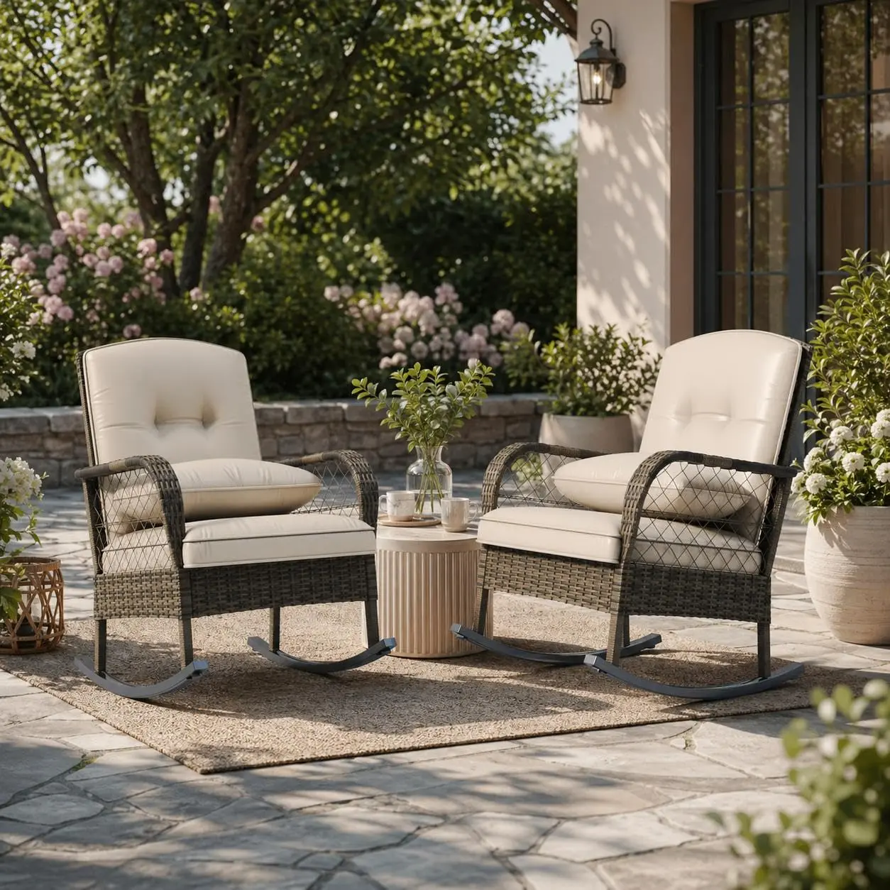 High-Back Outdoor Wicker Rocking Chair with Thick Grey Cushion, Handwoven Brown Rattan Steel Frame for Garden, Porch, Deck, and Poolside